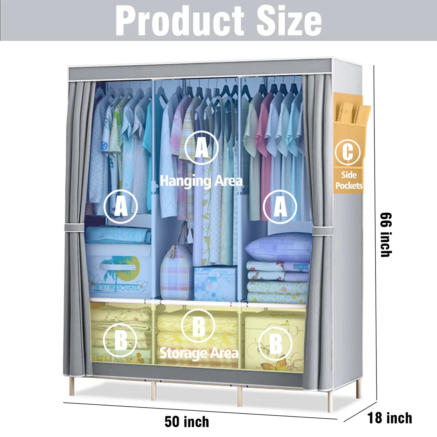 Portable Closet,Portable Wardrobe Closet Storage with 3 Hanging Rods,6 Storage Shelves,Side Pocket for Clothes Storage Organizer,Blue