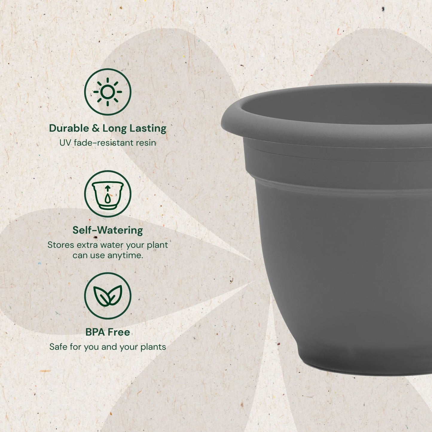 Ariana 10" Self-Watering Plastic Planter - Rolled Rim Indoor/Outdoor Garden Pot, Dusty Rose