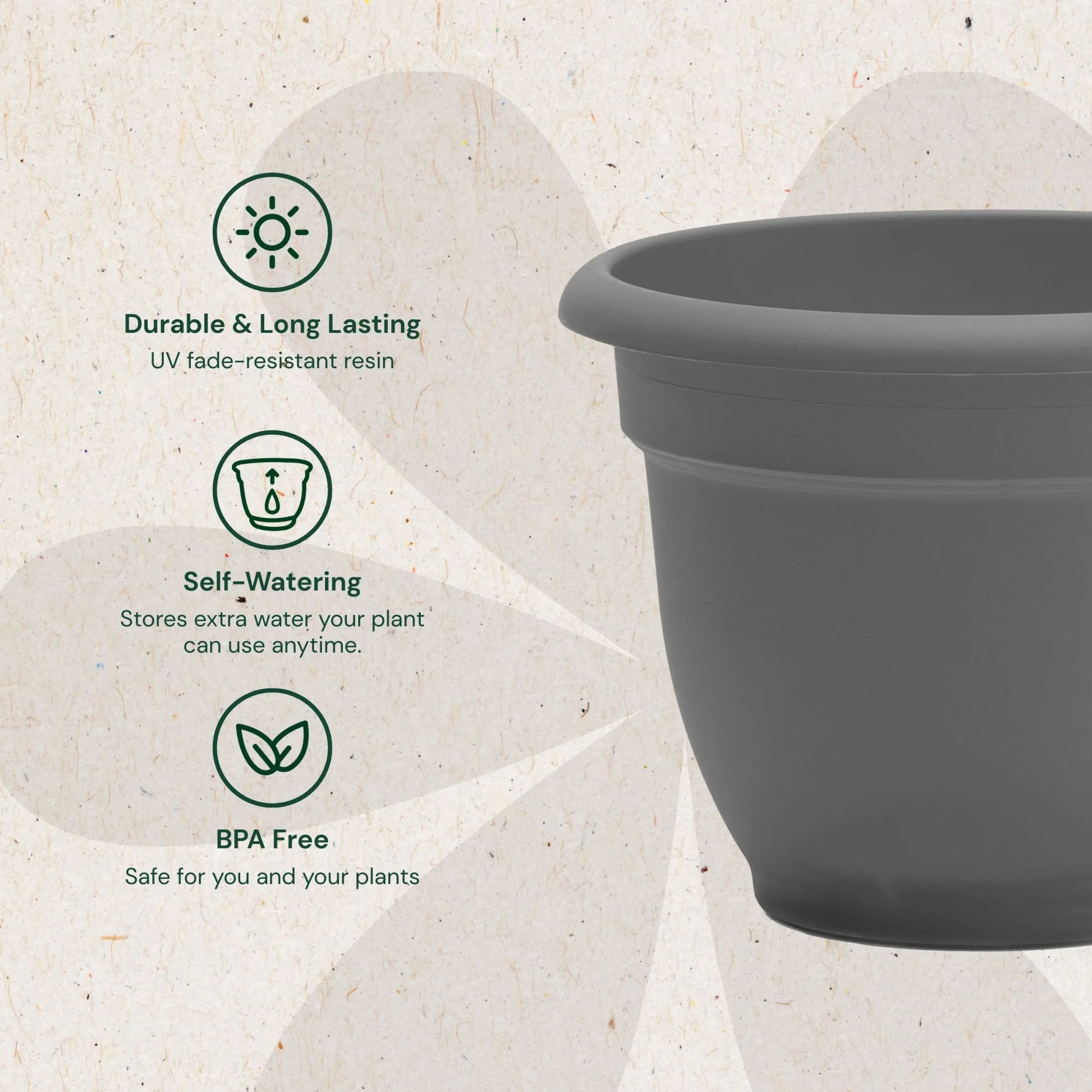 Ariana 10" Self-Watering Plastic Planter - Rolled Rim Indoor/Outdoor Garden Pot, Dusty Rose
