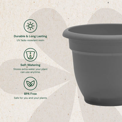 Ariana 10" Self-Watering Plastic Planter - Rolled Rim Indoor/Outdoor Garden Pot, Dusty Rose