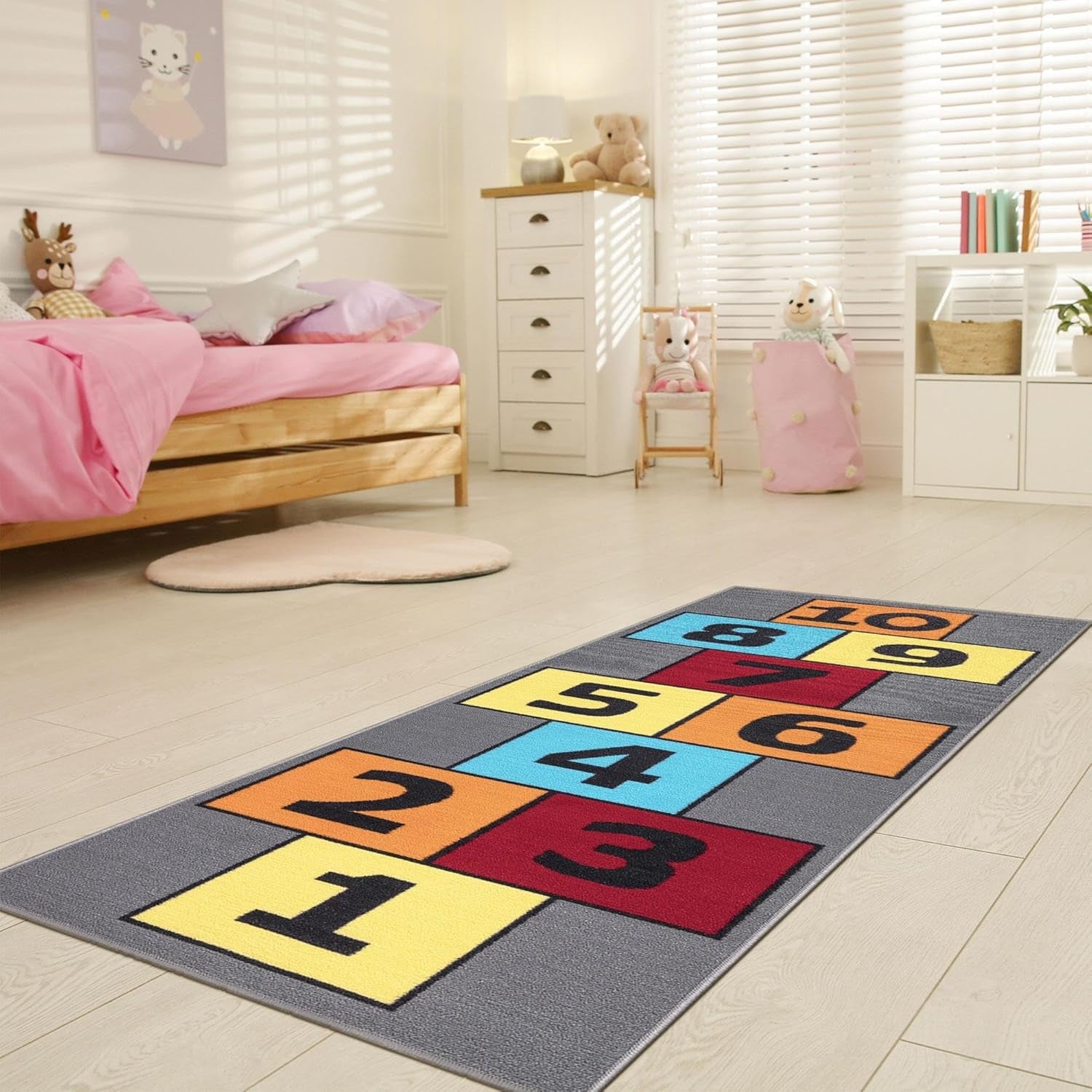 2'7" X 6' Hopscotch Kids Rug - Play Mat for Playroom, Bedroom, Daycare & Classroom - Fun & Interactive Game Carpet - Durable and Non-Slip - Perfect for Learning & High-Traffic Areas, Gray