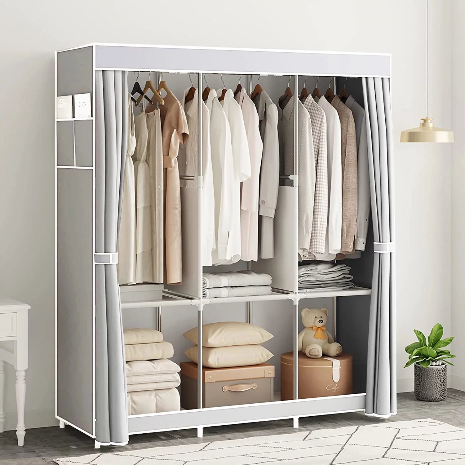 Portable Closet,Portable Wardrobe Closet Storage with 3 Hanging Rods,6 Storage Shelves,Side Pocket for Clothes Storage Organizer,Blue