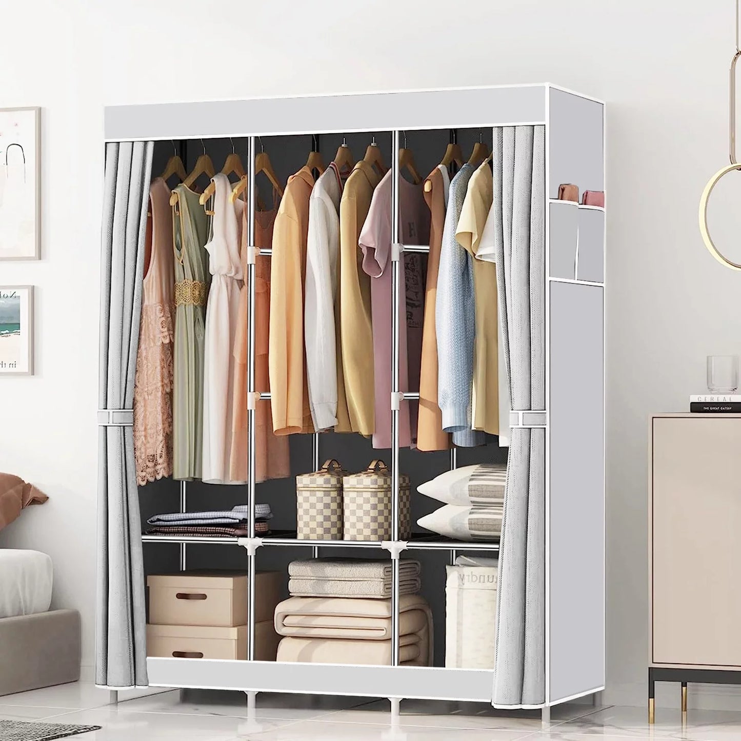 Portable Closet,Portable Wardrobe Closet Storage with 3 Hanging Rods,6 Storage Shelves,Side Pocket for Clothes Storage Organizer,Blue