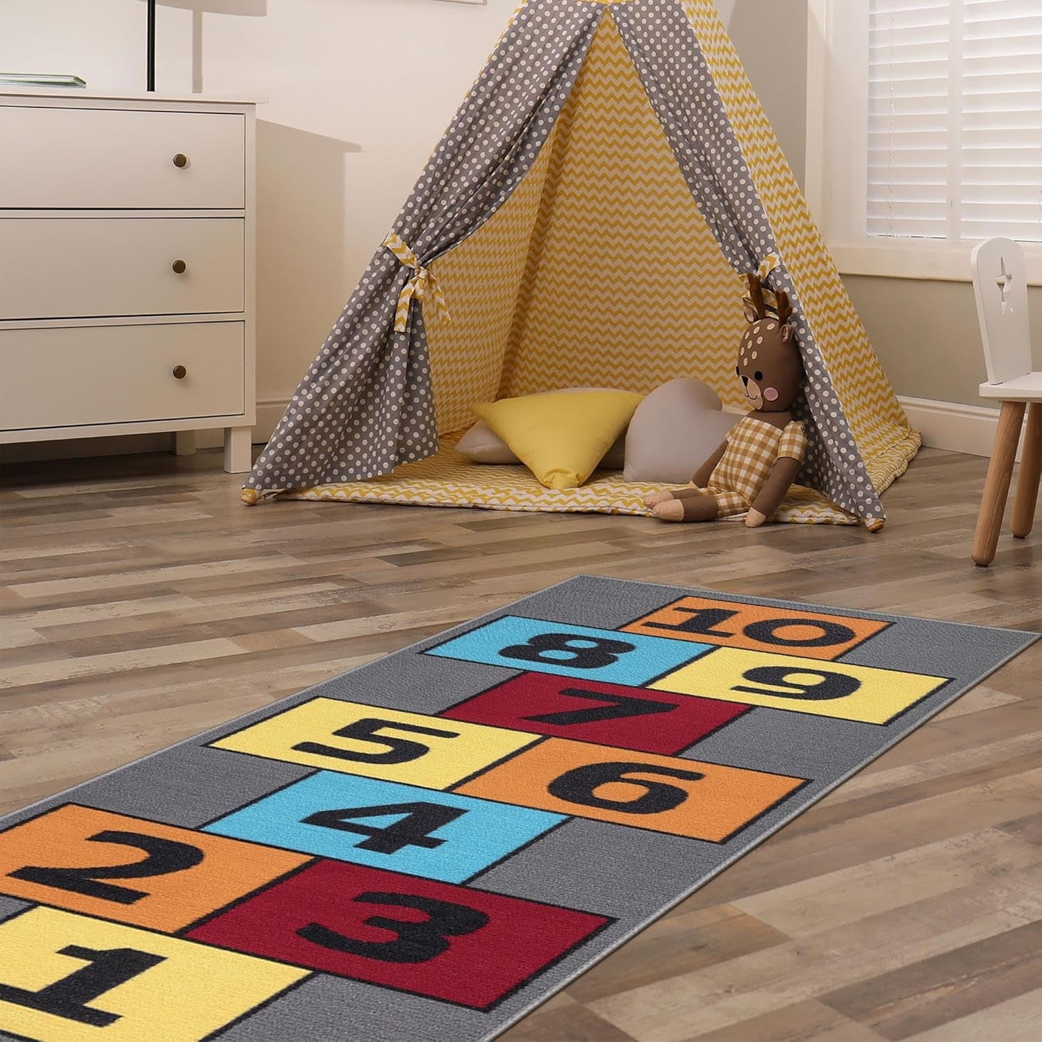 2'7" X 6' Hopscotch Kids Rug - Play Mat for Playroom, Bedroom, Daycare & Classroom - Fun & Interactive Game Carpet - Durable and Non-Slip - Perfect for Learning & High-Traffic Areas, Gray