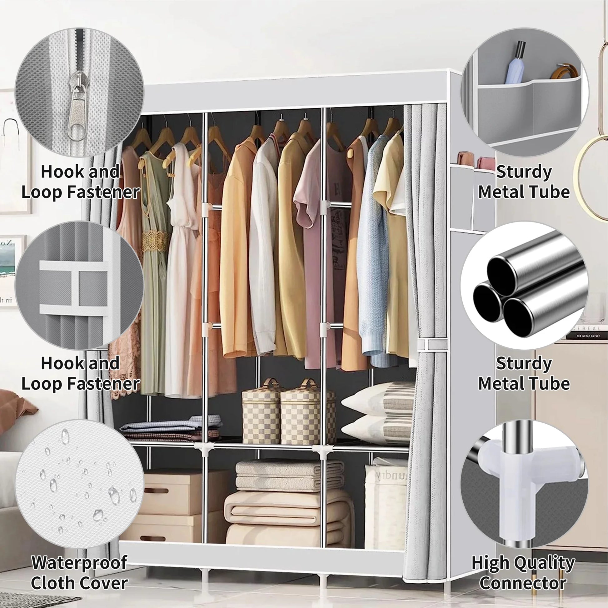 Portable Closet,Portable Wardrobe Closet Storage with 3 Hanging Rods,6 Storage Shelves,Side Pocket for Clothes Storage Organizer,Blue